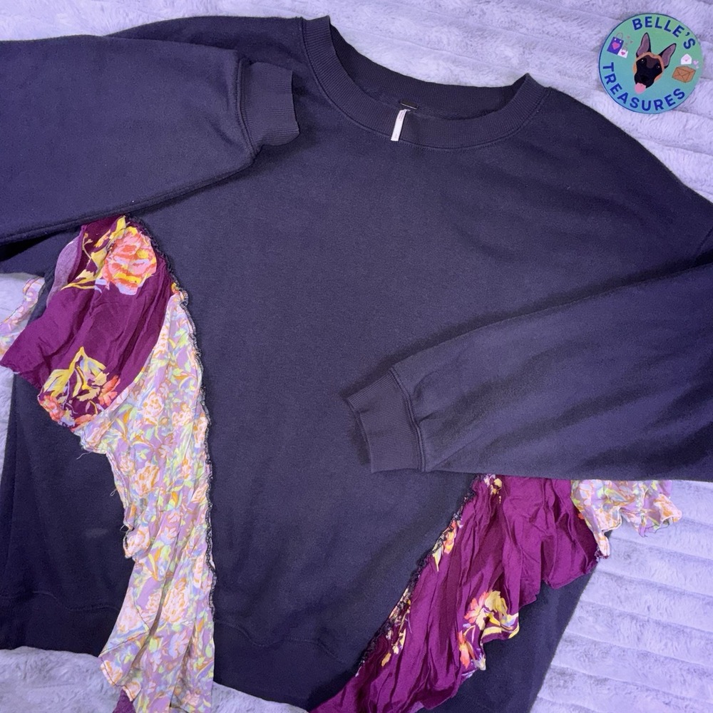 Free People Shirt Size Large She's Just Cute Sweater Gray Scarf Detail Oversized